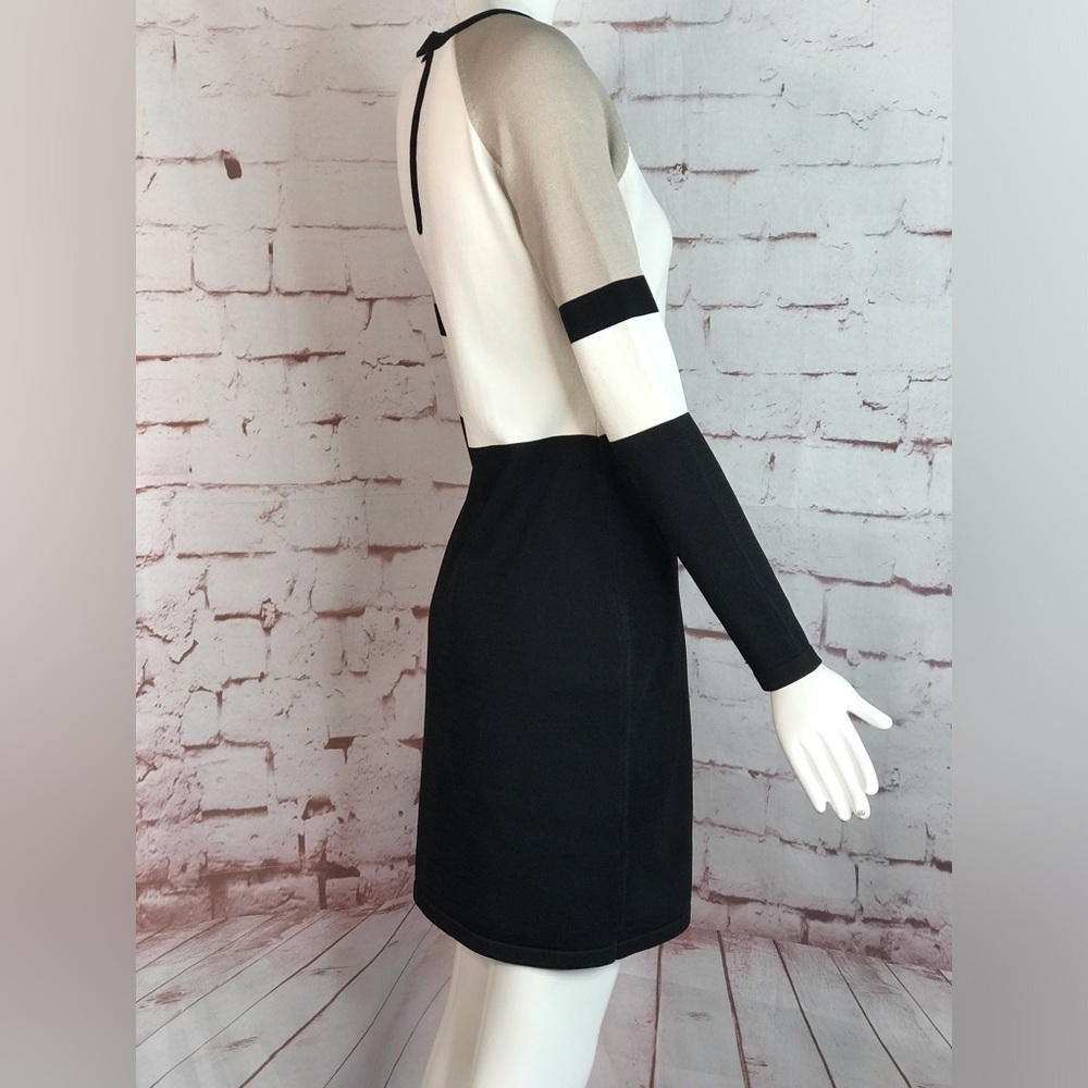 CALVIN KLEIN M Petite Colorblock Knit Long Sleeve Dress Black Taupe Cream MP - Picture 3 of 15
